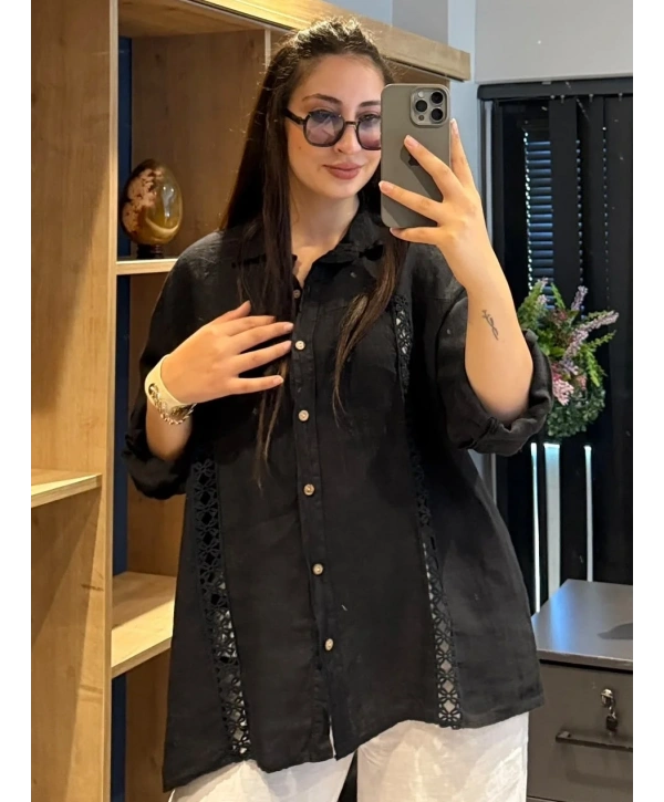 İtalyan Önden Düğmeli Fisto Detaylı Keten Gömlek Siyah