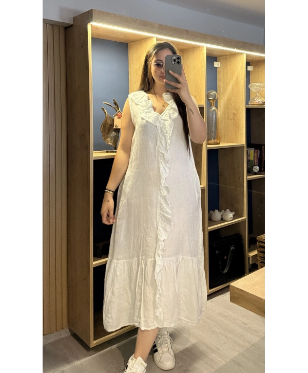 İtalyan Önden Fırfırlı Keten Elbise Beyaz