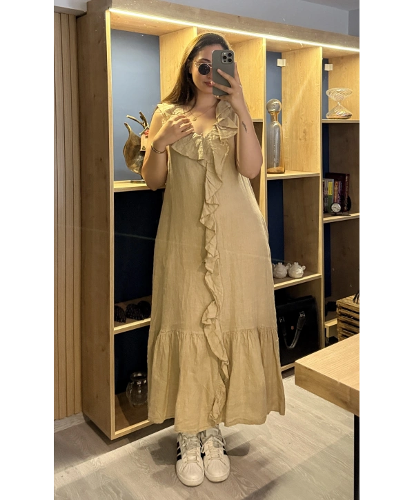 İtalyan Önden Fırfırlı Keten Elbise Camel