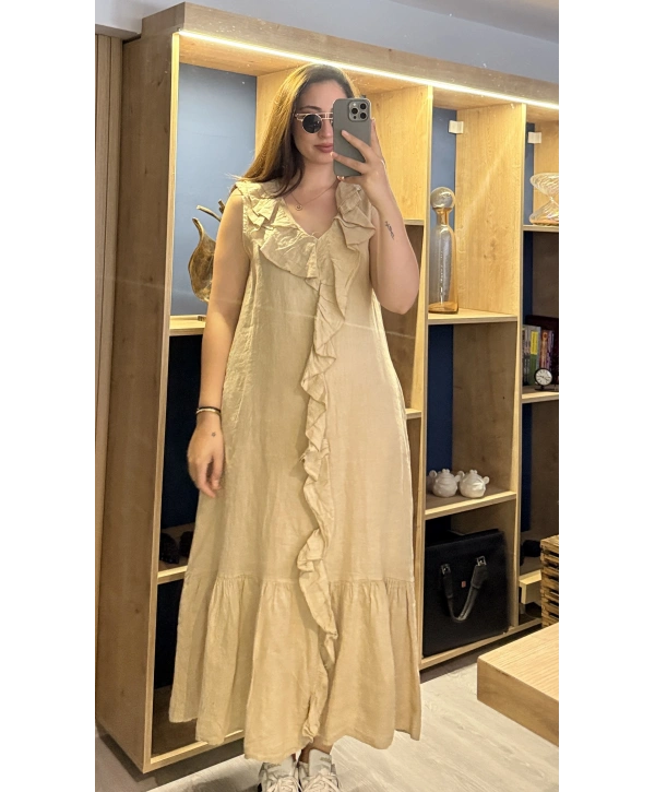 İtalyan Önden Fırfırlı Keten Elbise Camel