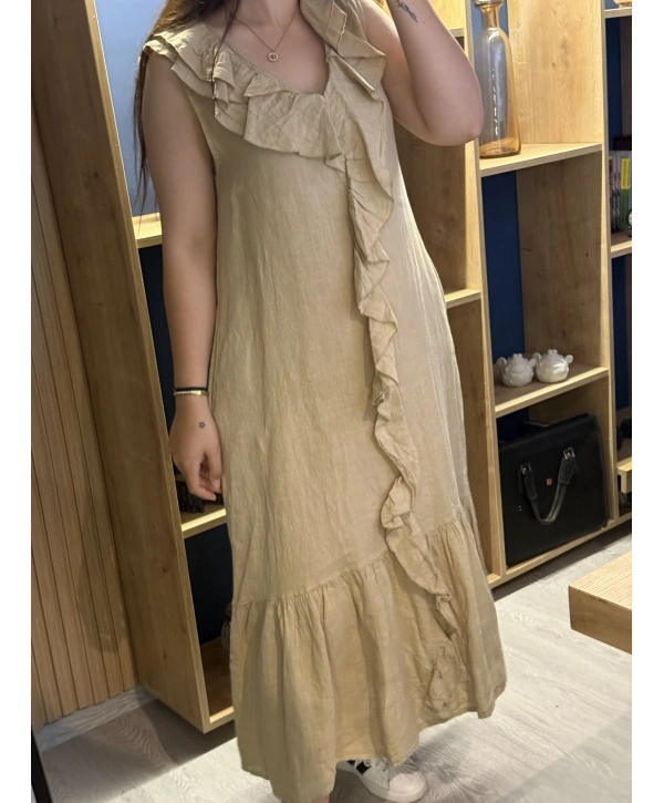 İtalyan Önden Fırfırlı Keten Elbise Camel