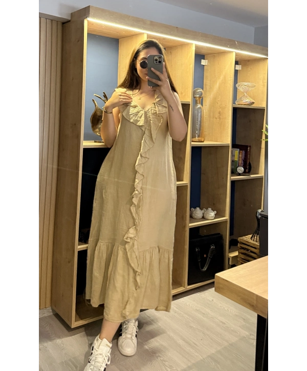 İtalyan Önden Fırfırlı Keten Elbise Camel
