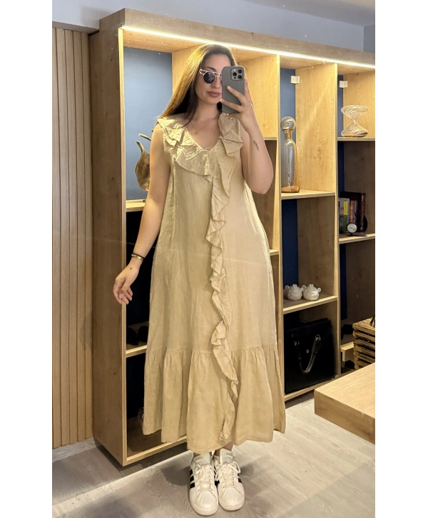İtalyan Önden Fırfırlı Keten Elbise Camel