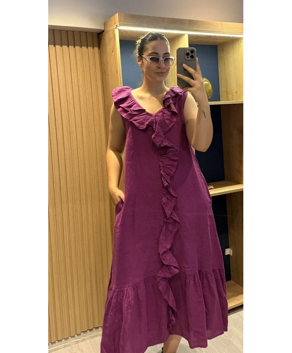İtalyan Önden Fırfırlı Keten Elbise Magenta