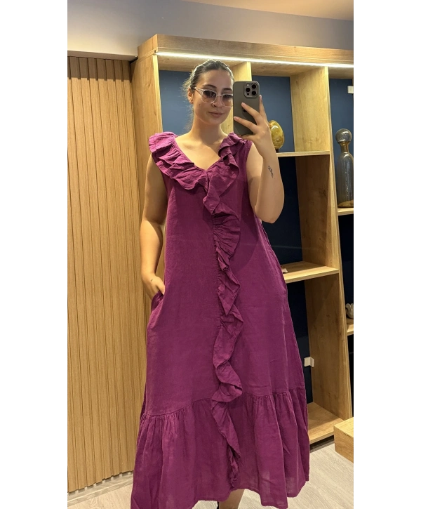 İtalyan Önden Fırfırlı Keten Elbise Magenta