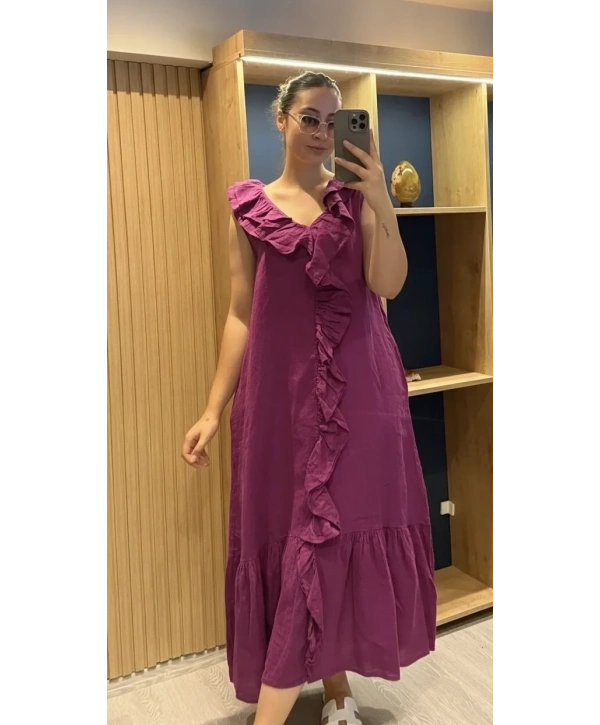 İtalyan Önden Fırfırlı Keten Elbise Magenta