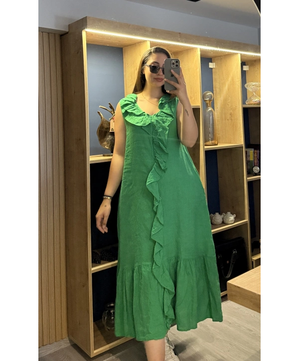 İtalyan Önden Fırfırlı Keten Elbise Yeşil