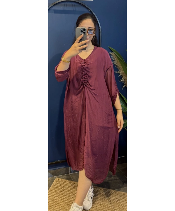 İtalyan Önü Büzgülü Uzun İpek Elbise 22733 Bordo