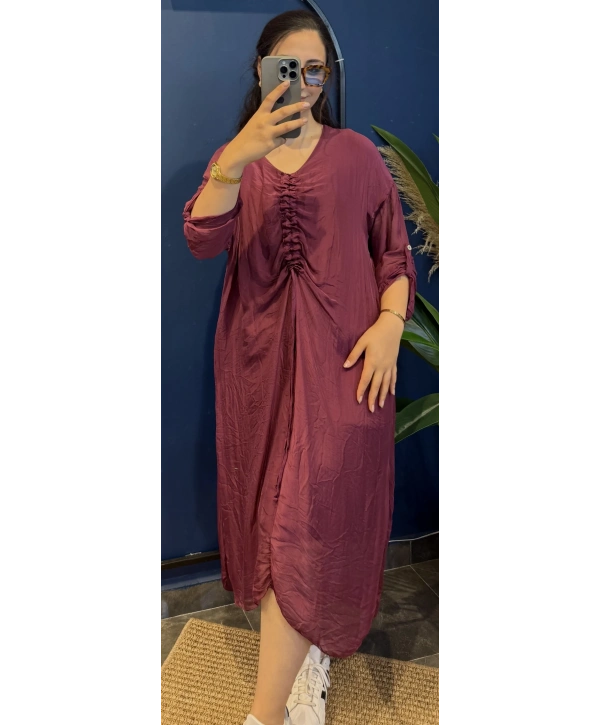 İtalyan Önü Büzgülü Uzun İpek Elbise 22733 Bordo