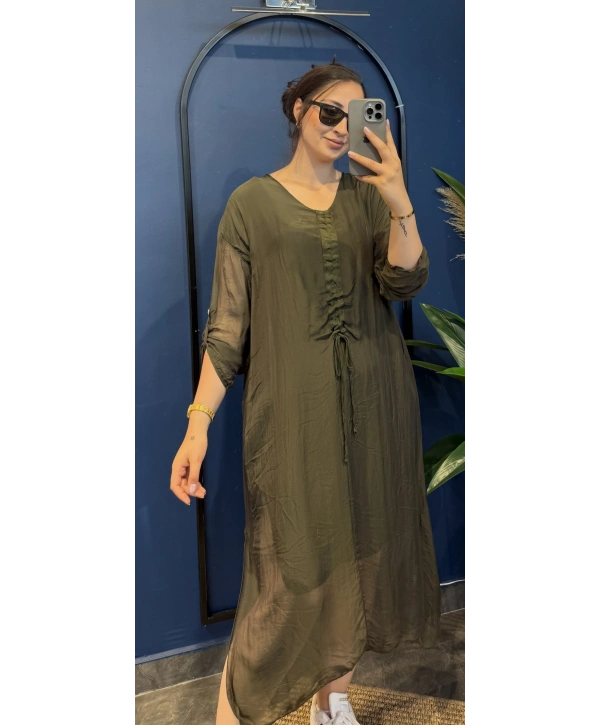 İtalyan Önü Büzgülü Uzun İpek Elbise 22733 Haki