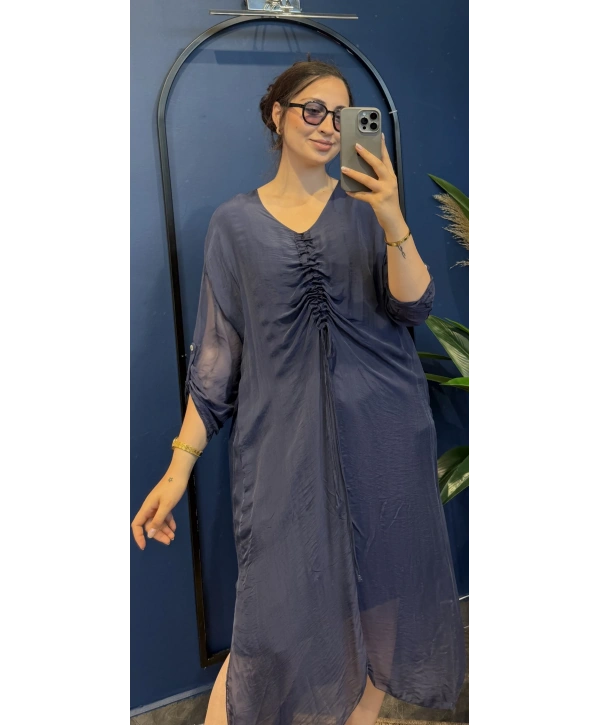 İtalyan Önü Büzgülü Uzun İpek Elbise 22733 Lacivert