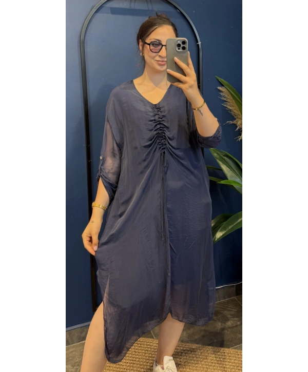 İtalyan Önü Büzgülü Uzun İpek Elbise 22733 Lacivert