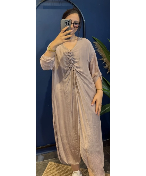 İtalyan Önü Büzgülü Uzun İpek Elbise 22733 Vizon