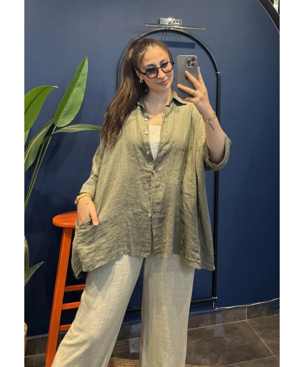 İtalyan Oversize Düz Keten Gömlek Haki