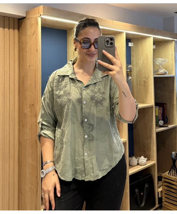 İtalyan Pamuk Çiçek Nakışlı Gömlek 26072 Haki