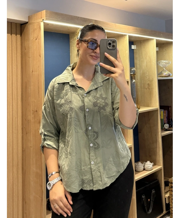 İtalyan Pamuk Çiçek Nakışlı Gömlek 26072 Haki