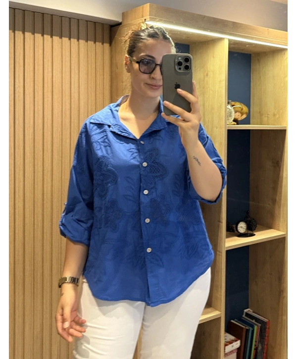 İtalyan Pamuk Çiçek Nakışlı Gömlek 26072 İndigo