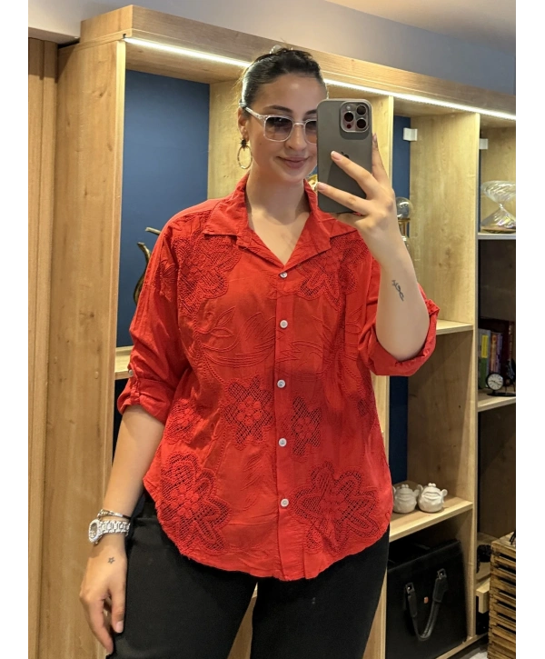İtalyan Pamuk Çiçek Nakışlı Gömlek 26072 Kırmızı