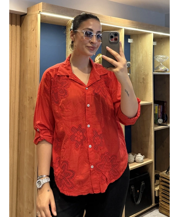 İtalyan Pamuk Çiçek Nakışlı Gömlek 26072 Kırmızı