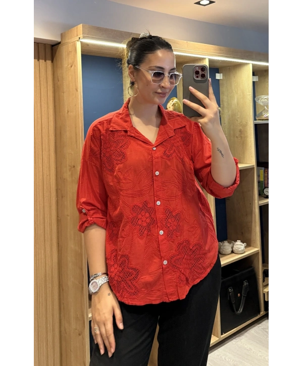 İtalyan Pamuk Çiçek Nakışlı Gömlek 26072 Kırmızı