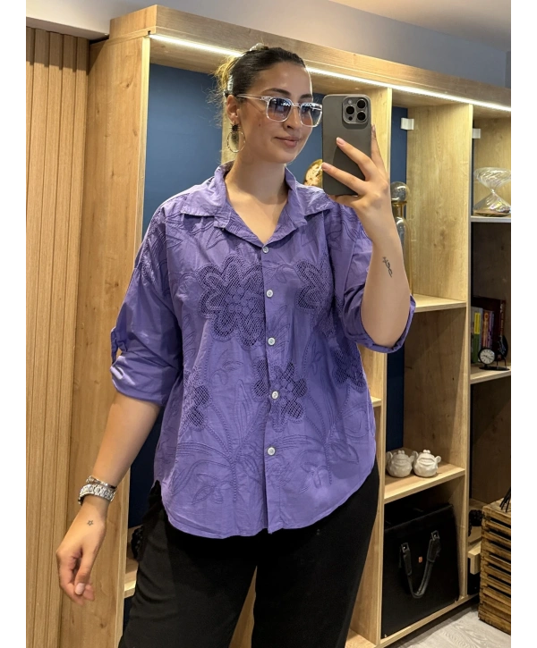 İtalyan Pamuk Çiçek Nakışlı Gömlek 26072 Mor