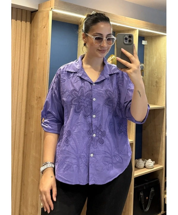 İtalyan Pamuk Çiçek Nakışlı Gömlek 26072 Mor