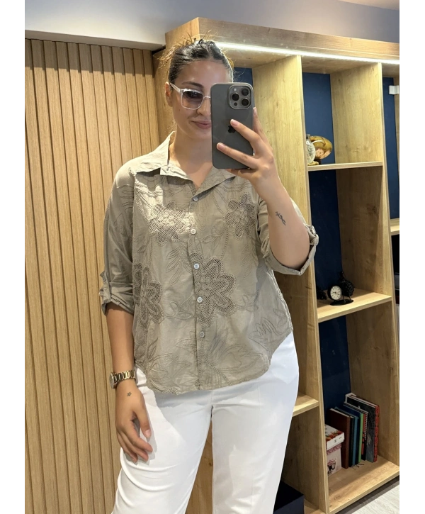 İtalyan Pamuk Çiçek Nakışlı Gömlek 26072 Vizon