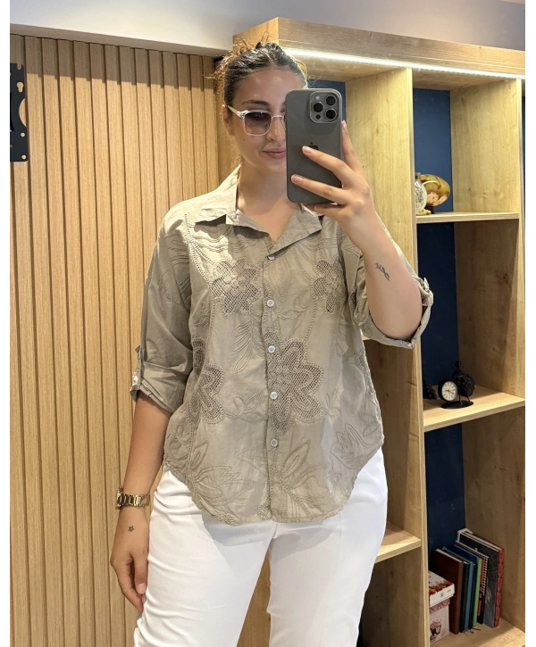 İtalyan Pamuk Çiçek Nakışlı Gömlek 26072 Vizon