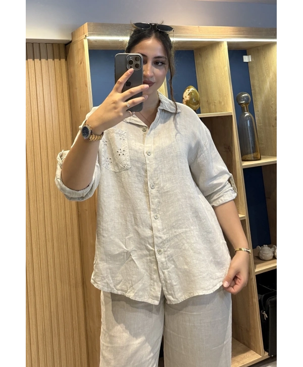 İtalyan Pantolonu Gömleği İşlemeli Keten Takım Bej