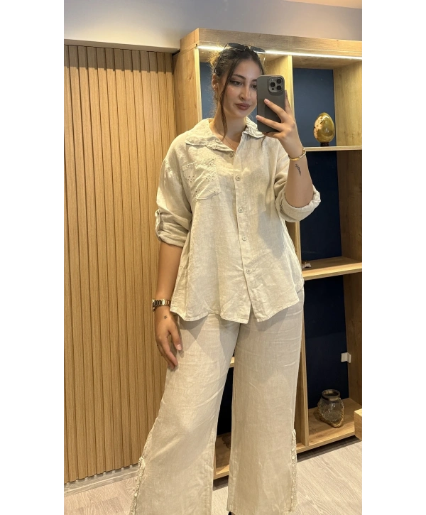 İtalyan Pantolonu Gömleği İşlemeli Keten Takım Bej