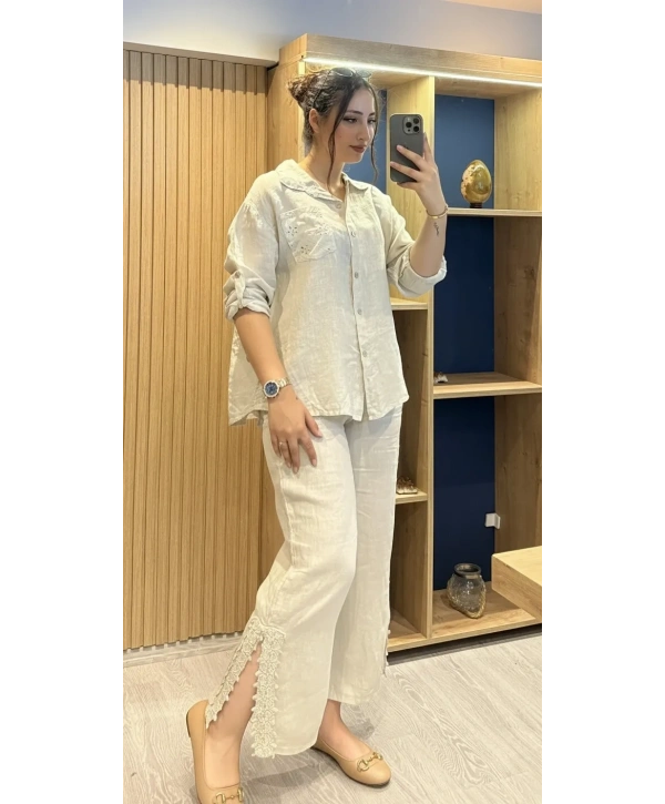 İtalyan Pantolonu Gömleği İşlemeli Keten Takım Bej