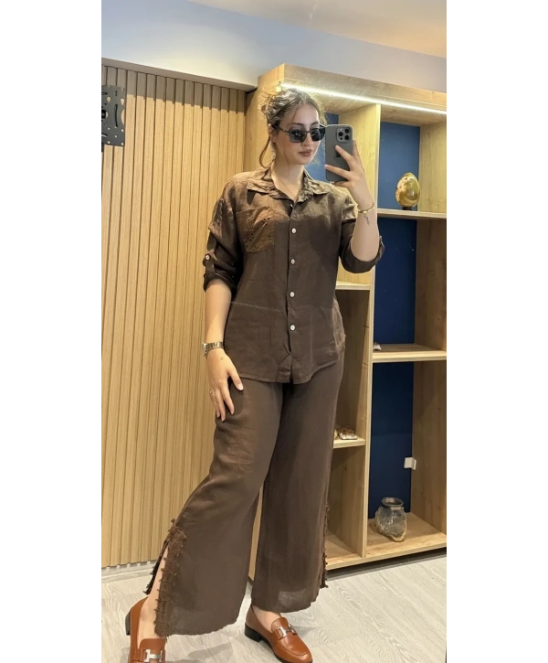 İtalyan Pantolonu Gömleği İşlemeli Keten Takım Kahverengi