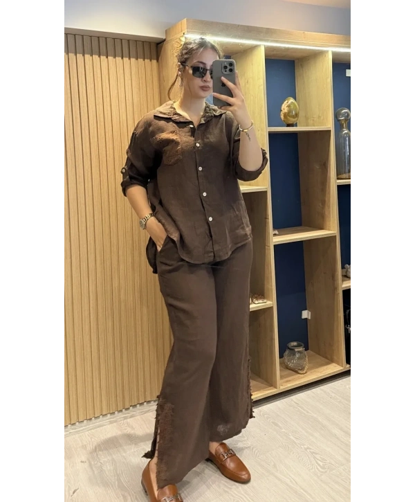 İtalyan Pantolonu Gömleği İşlemeli Keten Takım Kahverengi