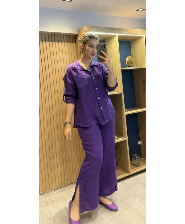 İtalyan Pantolonu Gömleği İşlemeli Keten Takım Mor