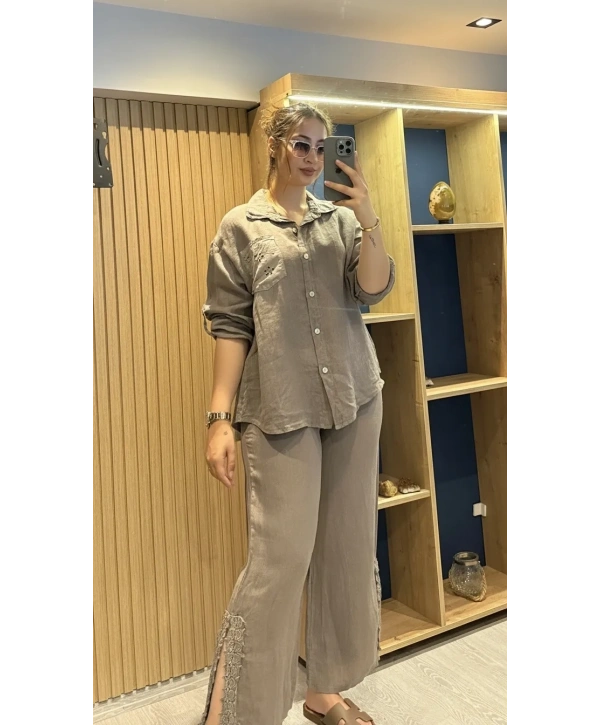 İtalyan Pantolonu Gömleği İşlemeli Keten Takım Vizon