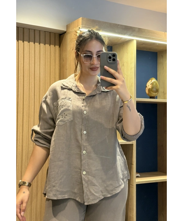 İtalyan Pantolonu Gömleği İşlemeli Keten Takım Vizon