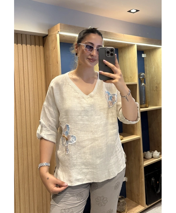 İtalyan Papatya İşlemeli Bluz Bej