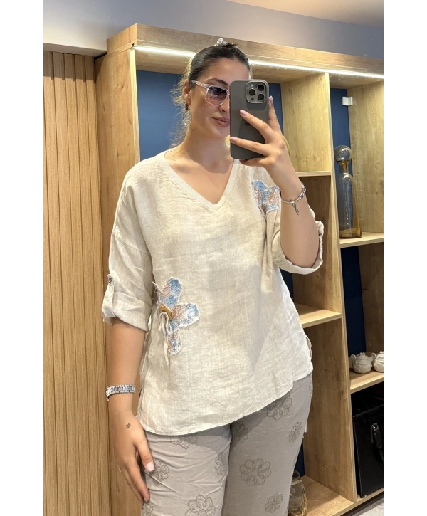 İtalyan Papatya İşlemeli Bluz Bej