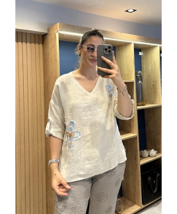 İtalyan Papatya İşlemeli Bluz Bej