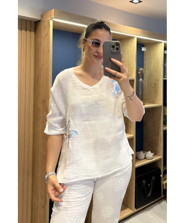 İtalyan Papatya İşlemeli Bluz Beyaz