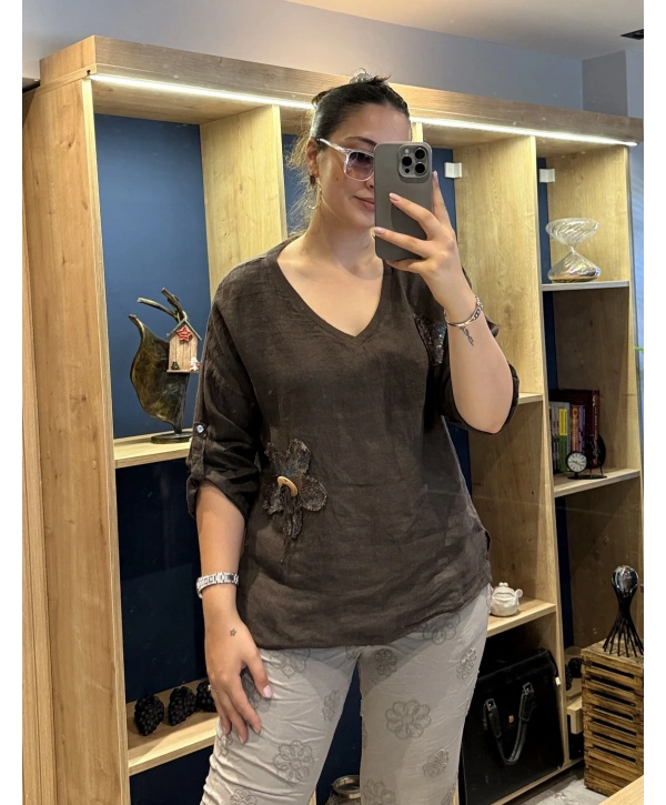 İtalyan Papatya İşlemeli Bluz Kahverengi