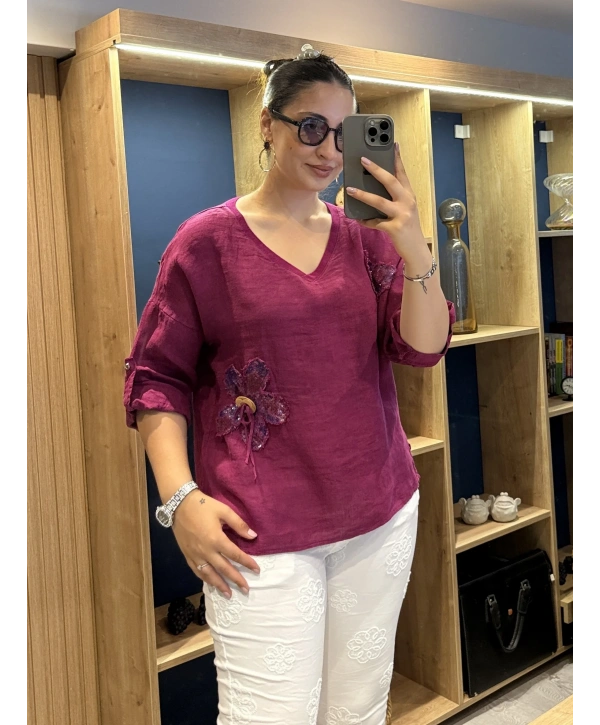 İtalyan Papatya İşlemeli Bluz Mürdüm