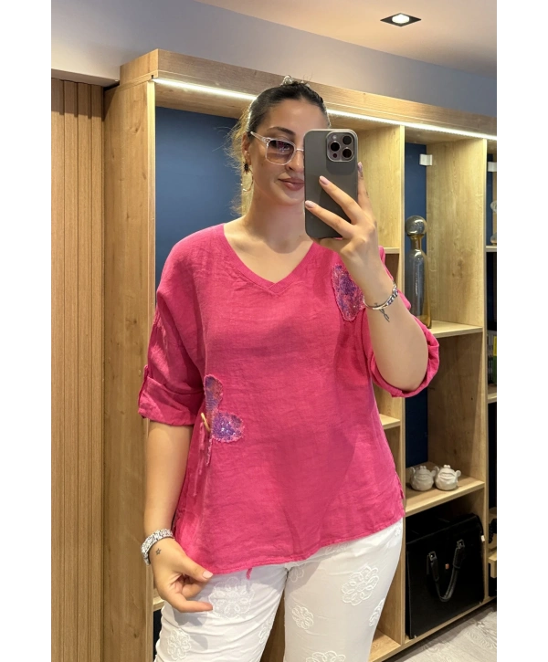 İtalyan Papatya İşlemeli Bluz Pembe