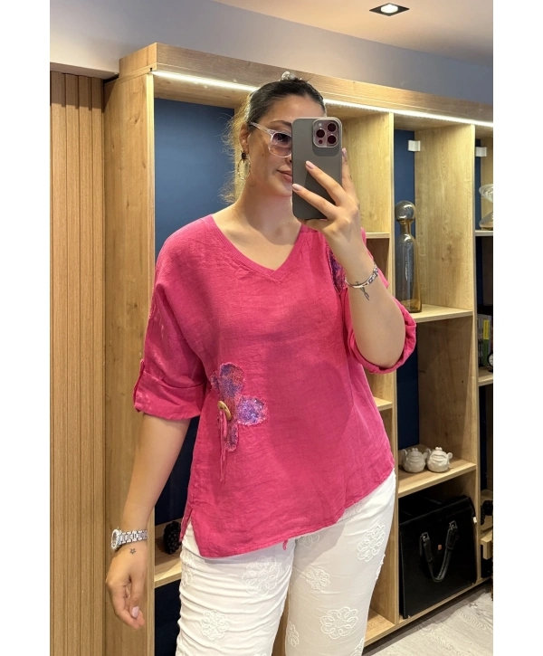 İtalyan Papatya İşlemeli Bluz Pembe