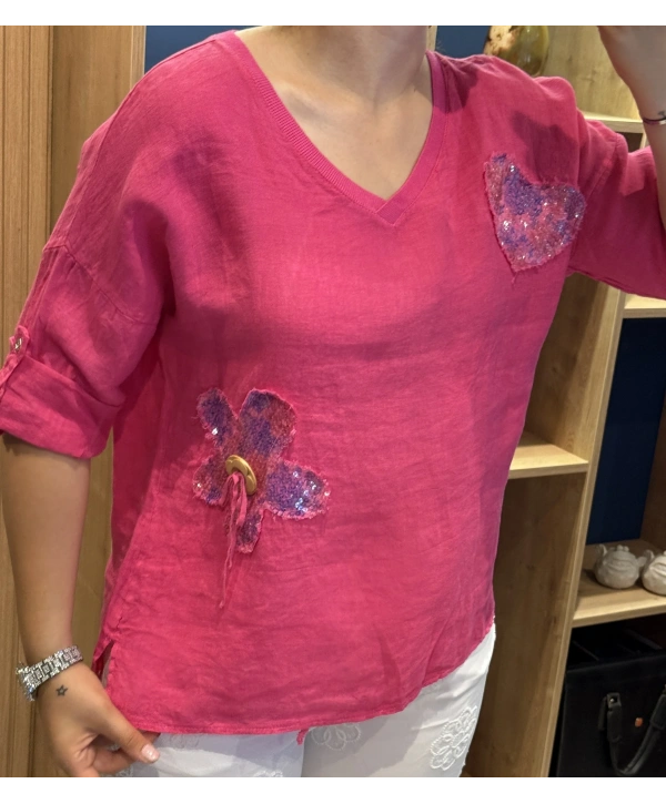 İtalyan Papatya İşlemeli Bluz Pembe