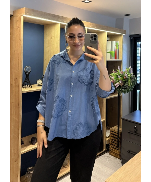 İtalyan Papatya İşlemeli Gömlek 25005 İndigo