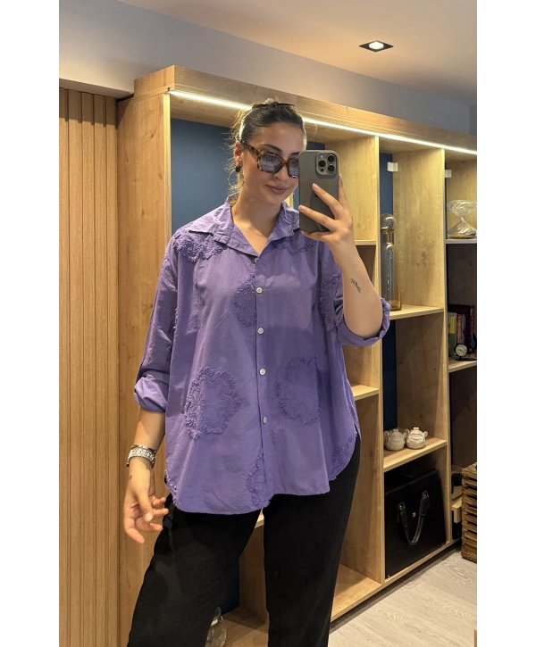 İtalyan Papatya İşlemeli Gömlek 25005 Mor