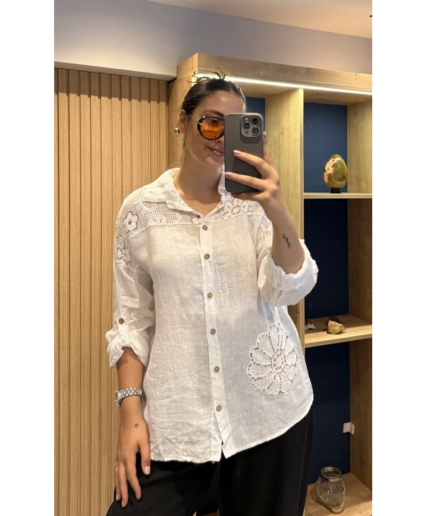 İtalyan Pullu Çiçek İşlemeli Keten Gömlek 13483 Beyaz