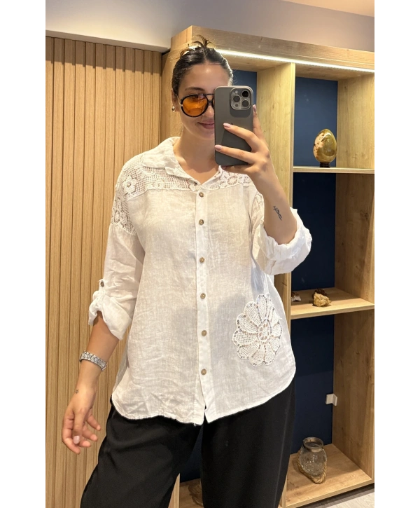İtalyan Pullu Çiçek İşlemeli Keten Gömlek 13483 Beyaz
