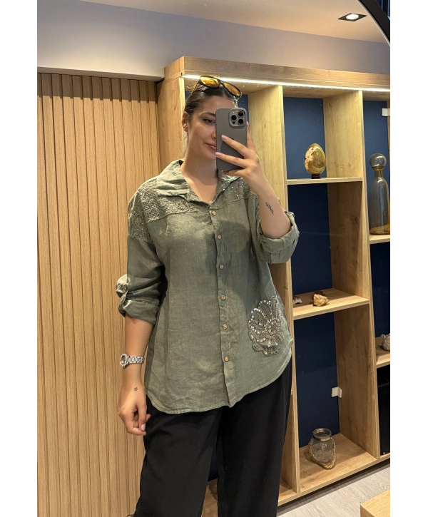 İtalyan Pullu Çiçek İşlemeli Keten Gömlek 13483 Haki